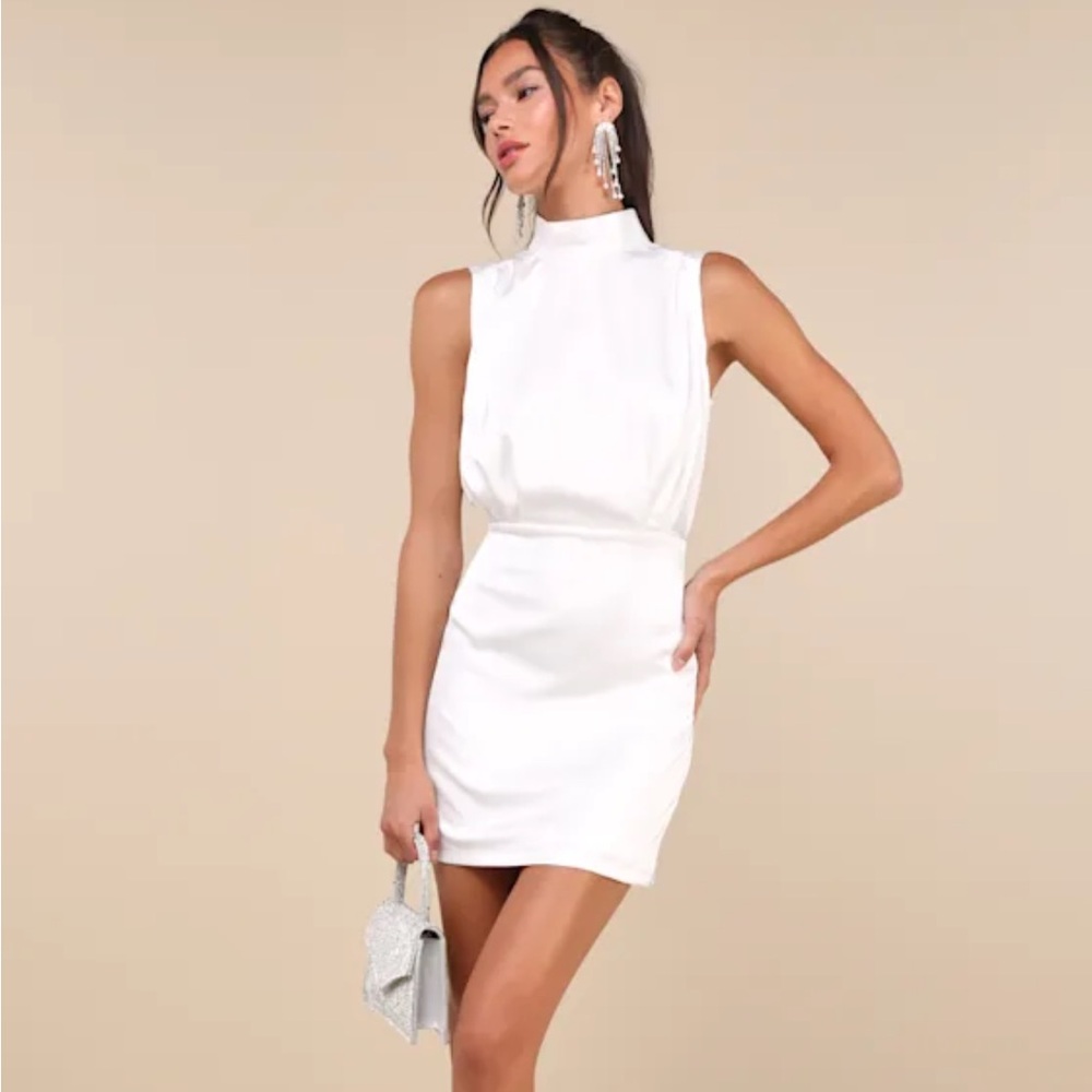 Lulus Classic White Satin Sleeveless Mock Neck Dress